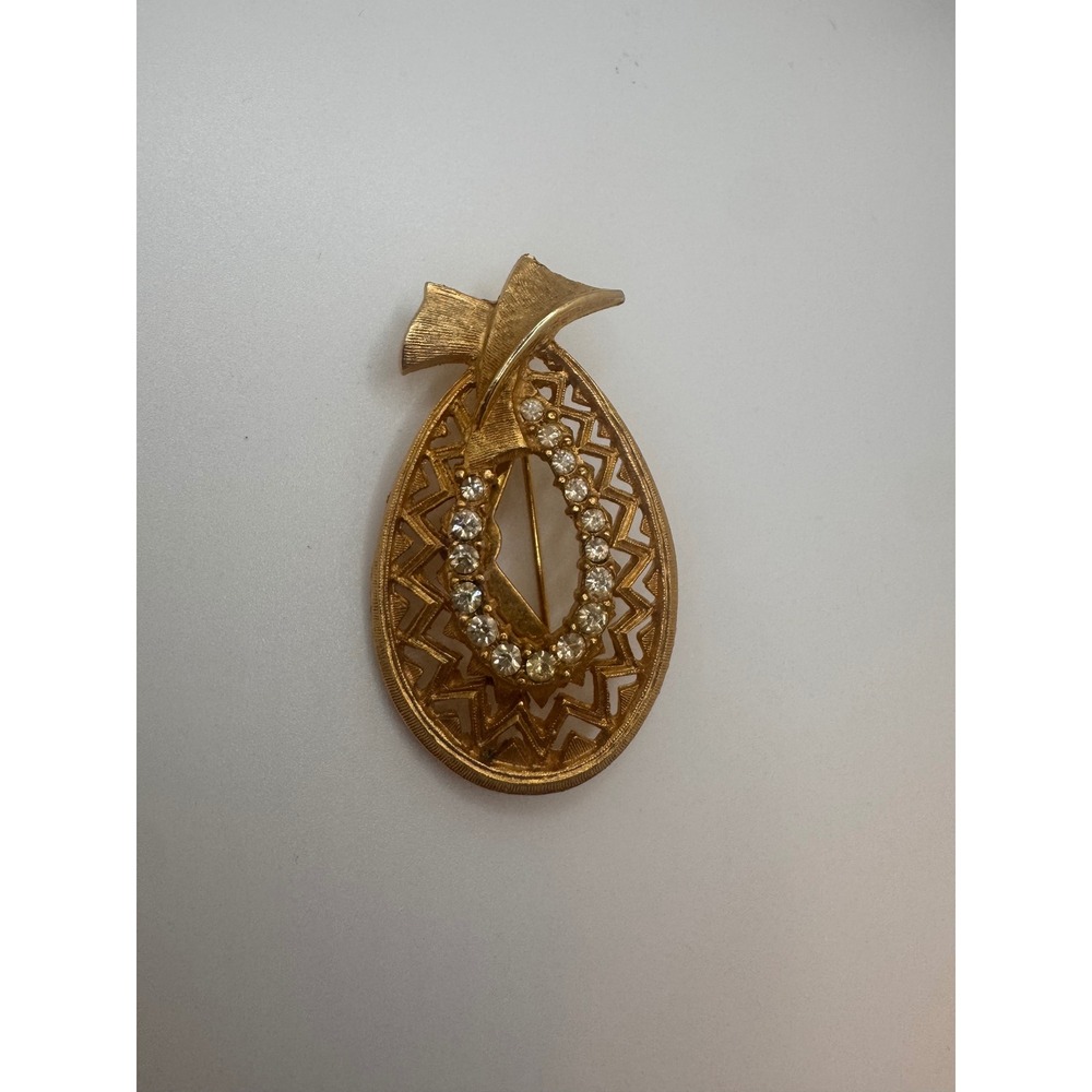 Vintage Ultra Gold Tone‎ Teardrop Brooch Rhinestone Bow Pin Vintage Jewelry
